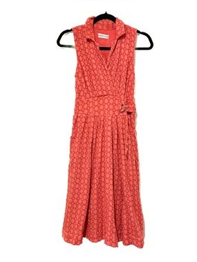 Anthropologie Elm Collared Dress Coral Lace Eyelet Sleeveless Belted Midi Sz 0